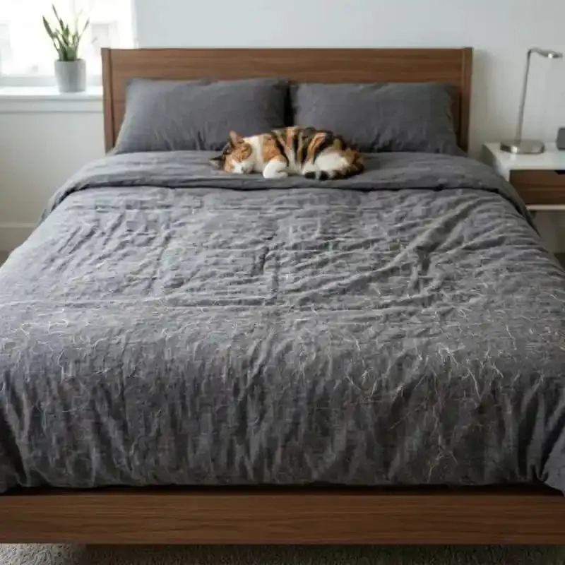 Couette grise couverte de poils de chat avant le passage du gant